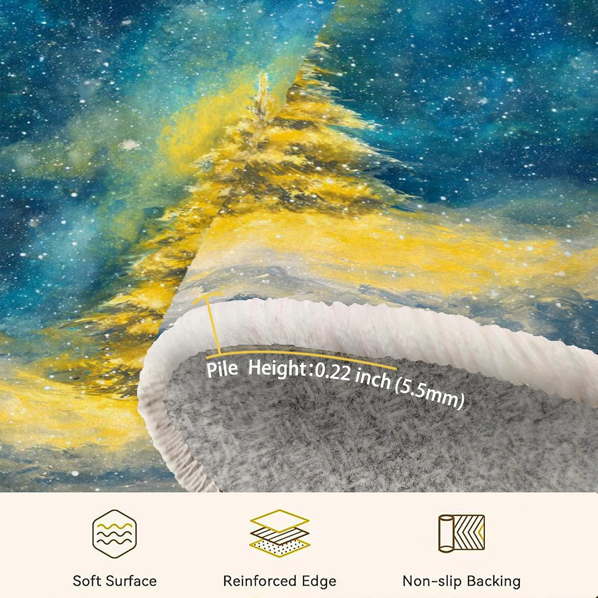 Pine Tree Area Rug, Winter Festive Snow Stars Winter Yellow Non-Slip Backing Edge Binding Doormat Throw Rug Circle Entryway Bathroom Laundry Room Decor 3' X 3'