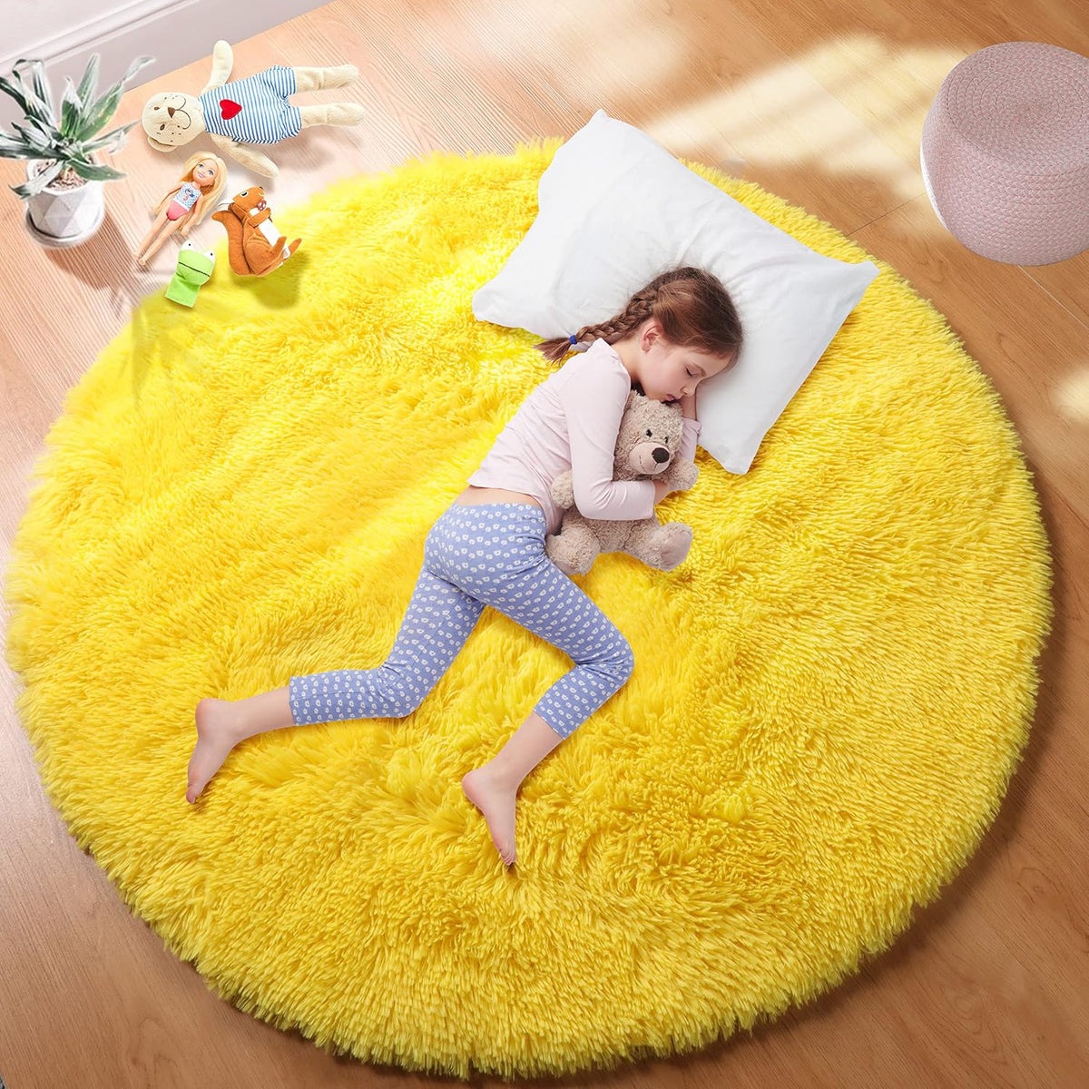 Round Area Rugs 5Ft, Fluffy Yellow Carpets for Bedroom Girls,Cute Rug for Girls Room,Fuzzy Rug for Playroom,Circle Rugs for Kids Room,Shag Furry Carpet Rugs for Reading Nook, Baby Room