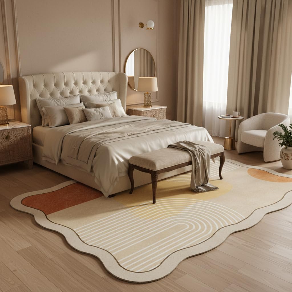 5x7 Unique Minimalist Geometric Cream Style Beige Orange Yellow Irregular Shaped Rug for Living Room Bedroom Diningroom Soft Wool Foldable Quick Dry Carpet Under Table Office Aesthetic Floor Rug