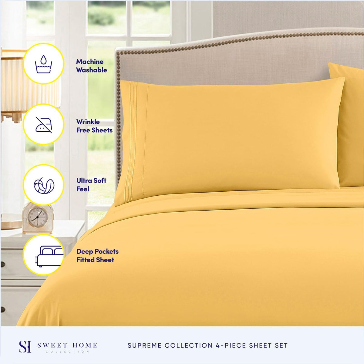 Queen Size Bed Sheets - Breathable Luxury Sheets with Full Elastic & Secure Corner Straps Built In - 1800 Supreme Collection Extra Soft Deep Pocket Bedding Set, Sheet Set, Queen,Yellow