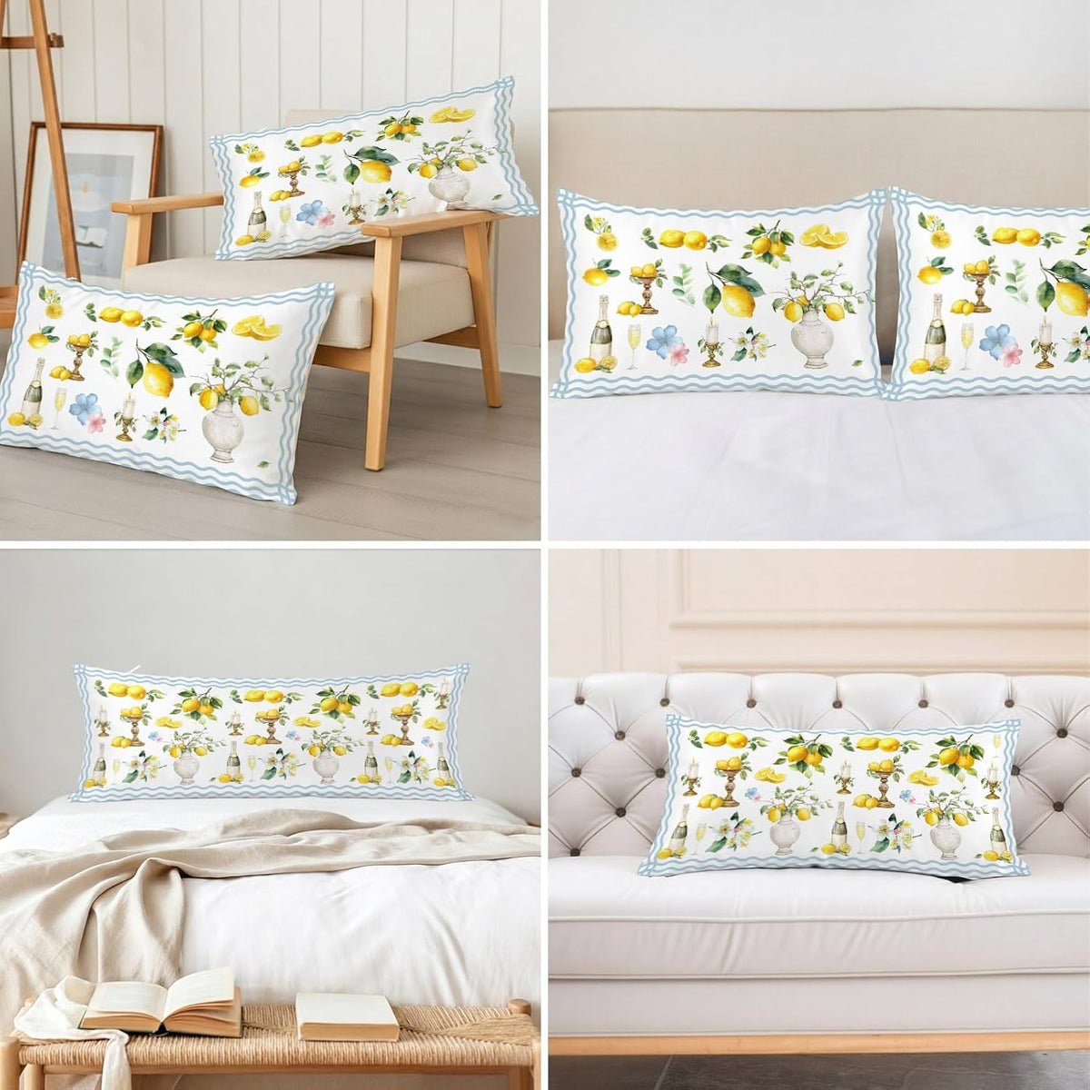 Boho Lemons Pillow Cases Standard Size Set of 2, Summer Yellow Fruits Flowers Leaf Blue Stripe Satin Pillowcase with Zipper for Hair/Skin, Decorative Pillow Covers for Bed/Couch/Sofa, 20x26 Inches