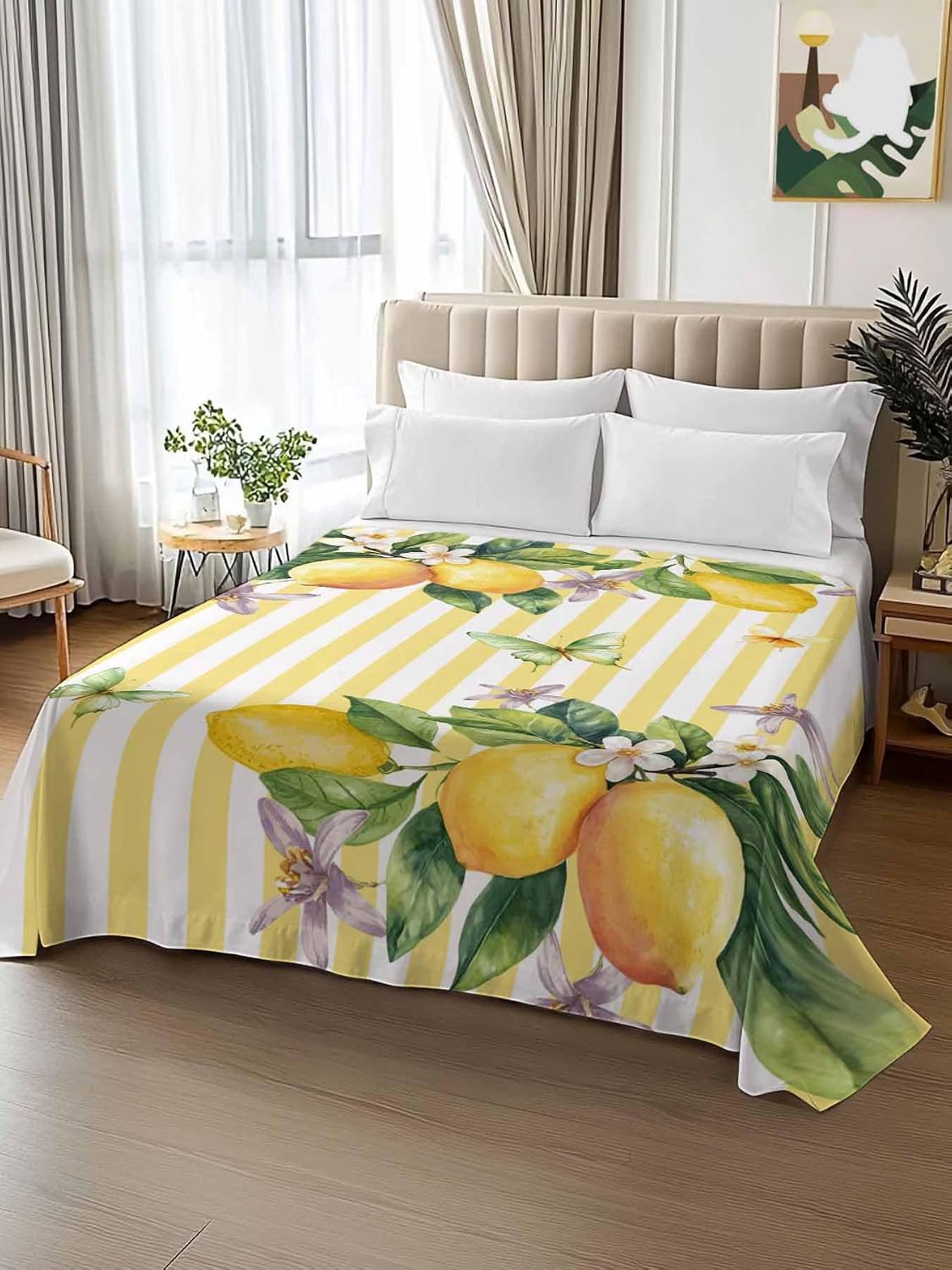 Lemon Flower Flat Bed Sheet Queen Size for Queen Mattress, Microfiber Bedding Top Sheets Deep Pocket for All Seasons, Yellow Vertical Stripes Butterfly Farmhouse Soft & Breathable Hotel Quality