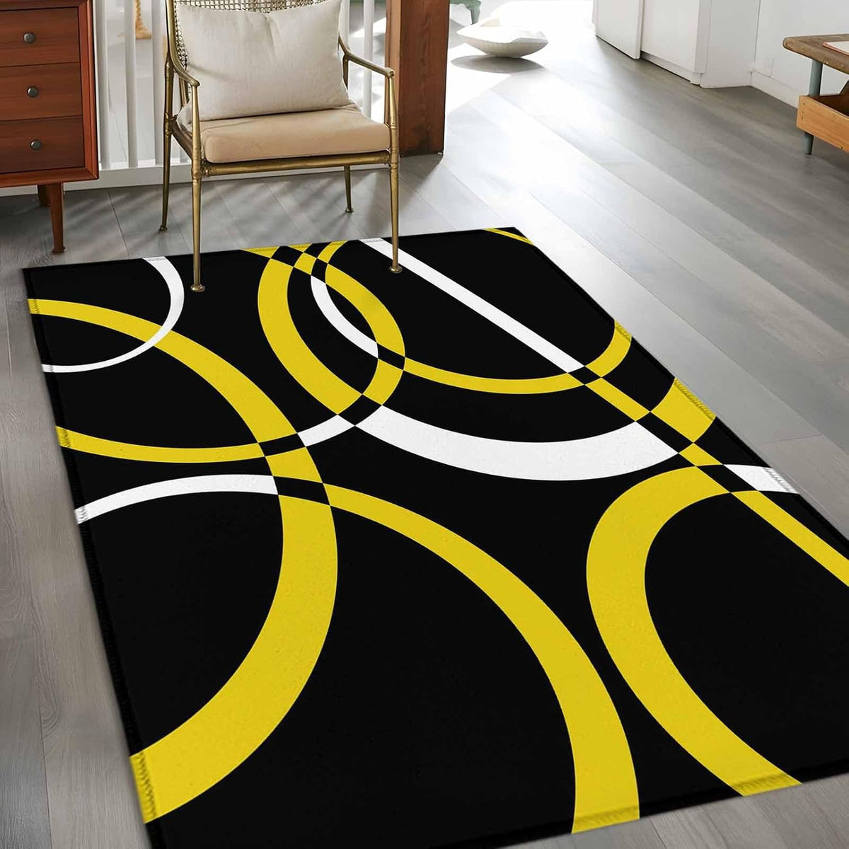 4x6 Modern Abstract Art Area Rug for Bedroom Small Living Room, Washable Low Pile Non Slip Rug Yellow White Geometric Circle