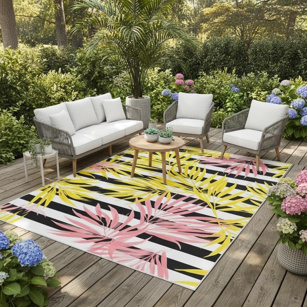 Yellow Pink Leaf Indoor Outdoor Rugs for Camping Patio Balcony Backyard Nursery Black and White Striped Rug 5x8 Garden Pool Front Yard Home Entrance Durable Anti Slip Tropical Area Rug