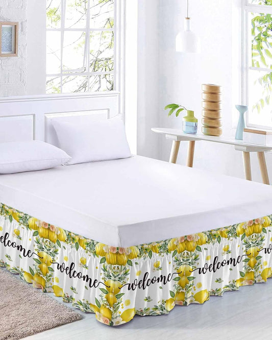 Summer Lemon Bed Skirt Queen Size 16 Inch Drop, Adjustable Elastic Wrap Around Bed Skirts Easy Fitting Dust Ruffle Bedskirt Bed Frame Cover Spring Yellow Fruits Green Leaf Plant