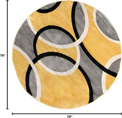 Abstract Circles Contemporary Jute Backing Round Rug Yellow 6'6"