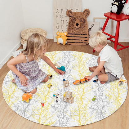 Forest Branch Round Area Rug 4ft,Washable Outdoor Indoor Carpet Runner Rug for Bedroom,Kitchen,Bathroom,Living/Dining/Laundry Room,Office,Area+Rug Large Bath Door Mat Winter Tree Geometric Yellow Grey