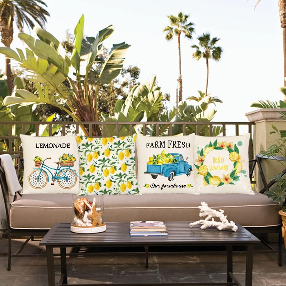 Set Of 4 Summer Throw Pillow Covers 16 By 16 Inch Yellow Fruit Farmhouse Decorative Lemon Truck Bicycle Pillowcase Square Cotton Linen Cushion Covers For Summer Home Decor