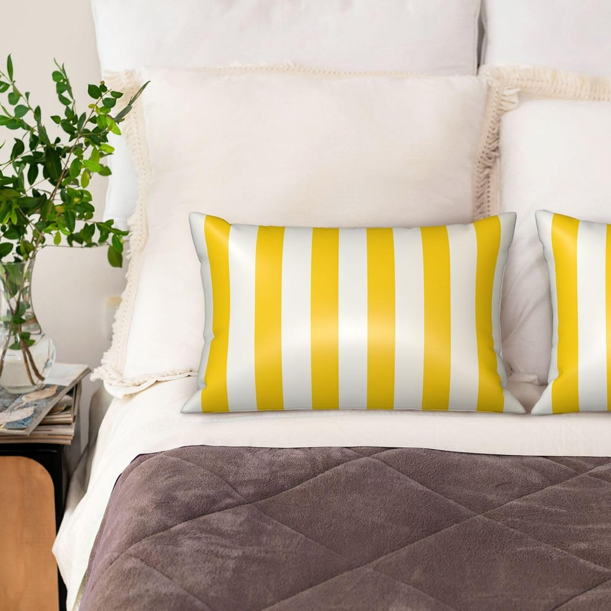 Lemon Yellow Stripes Satin Pillowcase for Hair and Skin,Smooth Cooling Silk Pillow Cases with Zipper Pillow Cover Soft Breathable Pillowcases for Sleeping, Gifts for Women 20"x30"