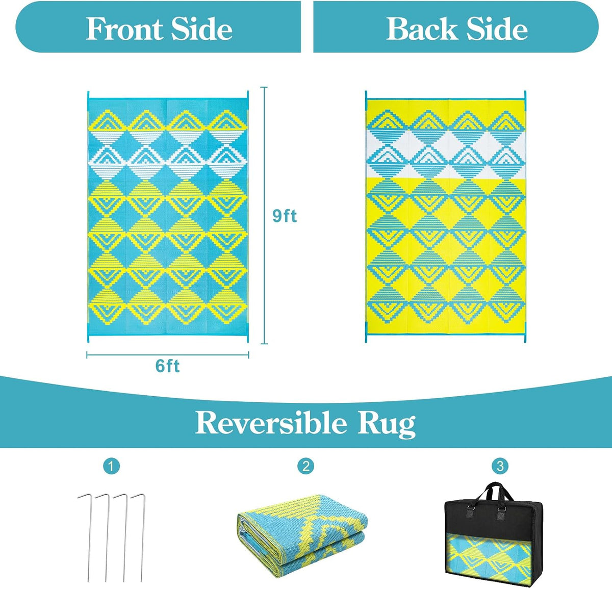 Waterproof Outdoor Rug 6x9 for Camping, Balcony & RV, Reversible Plastic Straw Outdoor Mat Blue Yellow