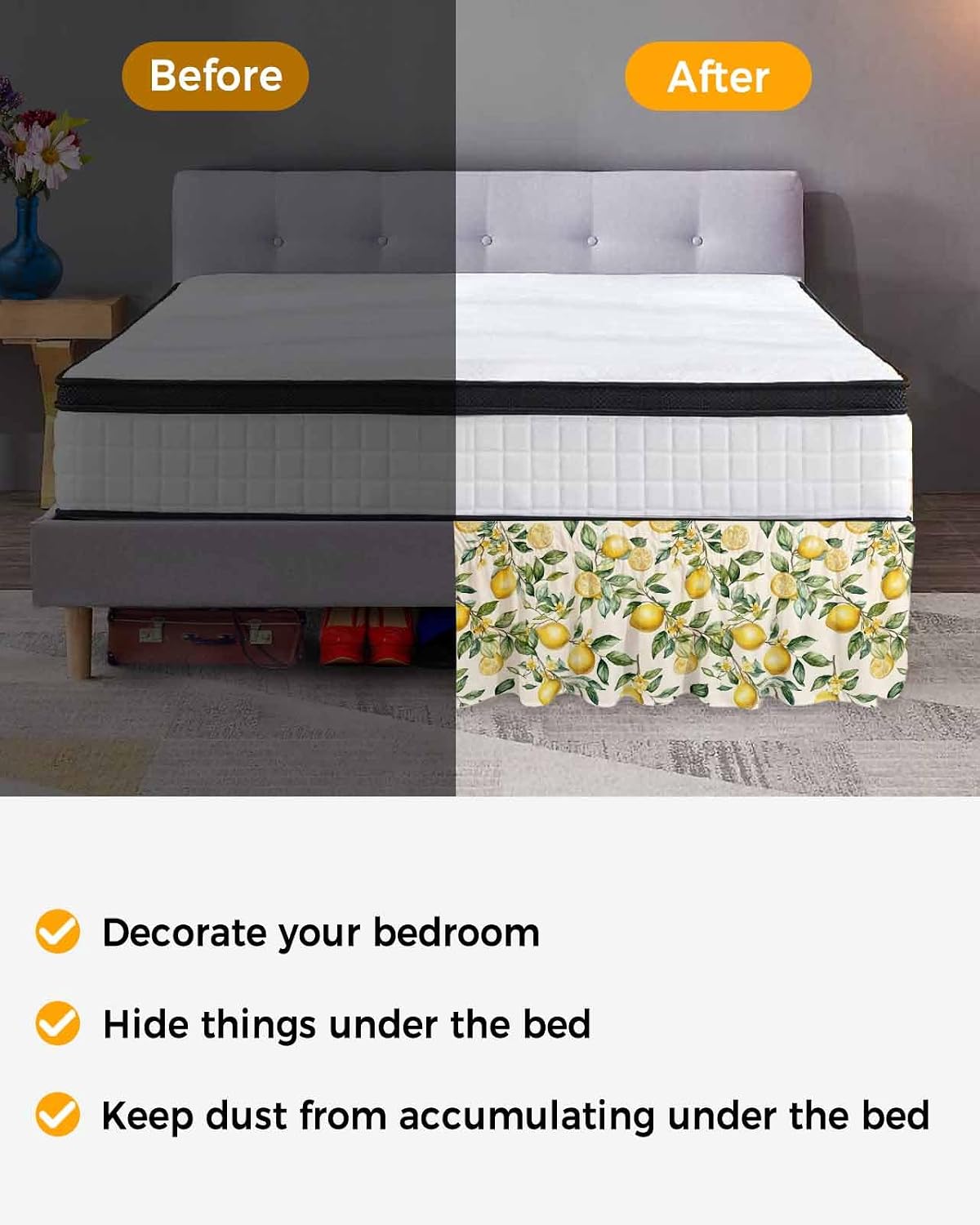 Yellow Lemon Bed Skirt Queen Size 16 Inch Drop, Adjustable Elastic Wrap Around Bed Skirts Easy Fitting Dust Ruffle Bedskirt Bed Frame Cover Spring Floral Flower Fruit Farmhouse Modern