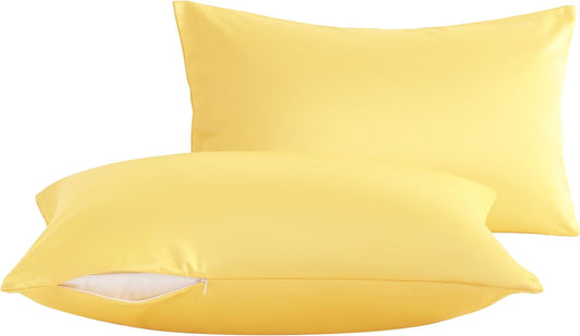 Luxury Satin Pillowcases for Hair and Skin, Similar to Silk Queen 20x30 Inches Set of 2, Cooling Pillow Case for Hot Sleepers with Zipper Closure, Gifts for Women Men, Yellow